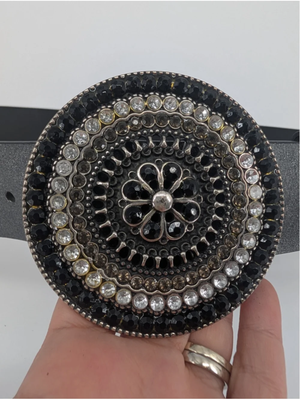 White House Black Market Belt M/L Black Rhinestone Medallion Buckle Wide Belt